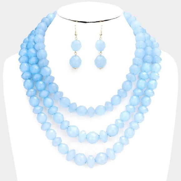 Triple Strand Blue Beaded Necklace Set by core - Picture 1 of 8